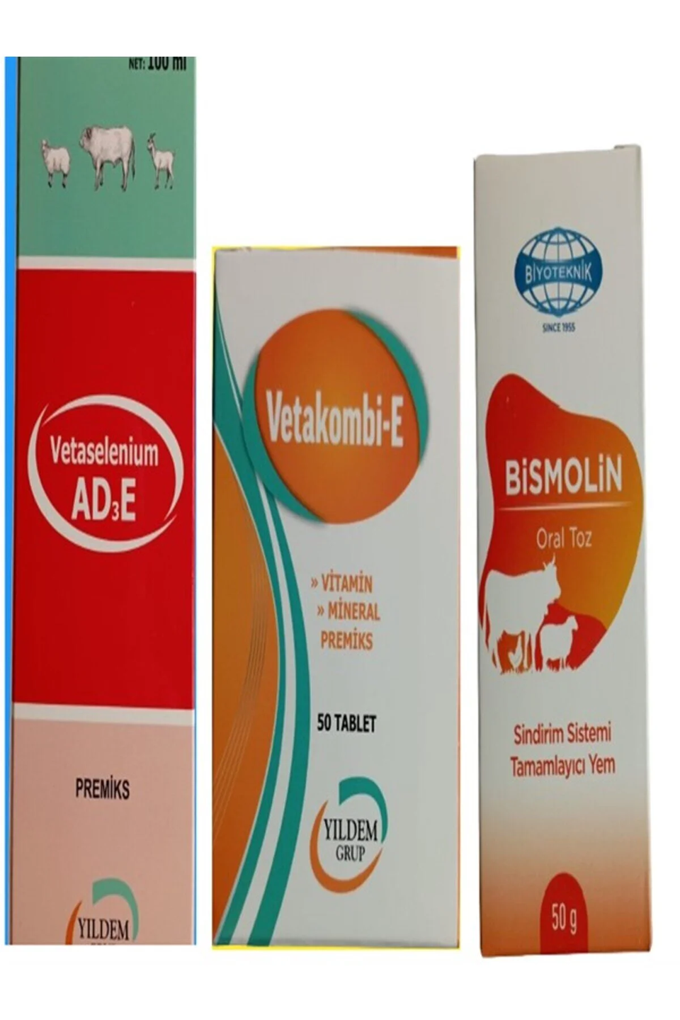  Büyükbaş hayvanlarınızı İçin Vitamin Seti (AD3E Vitamin 100 ml + Vetakombi E Tb. +Bis.molin 50 ml )
