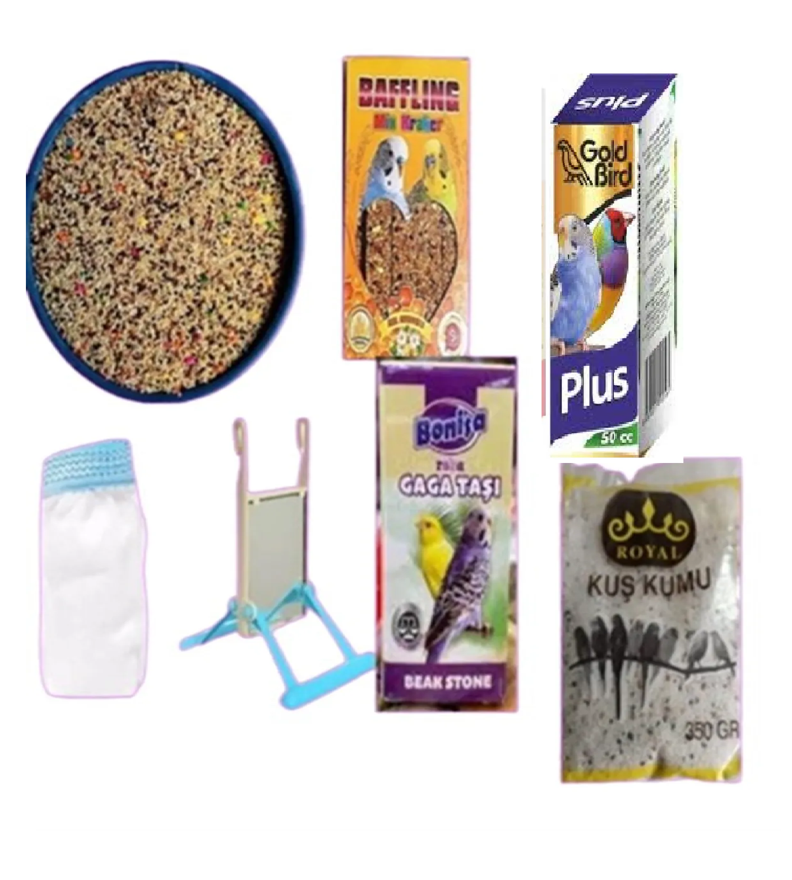 Muhabbet kuşu besleme seti( Muh. Yemi Açık 2 kg+ Salıngaç+Kuş vitamini+Kuş mineral taş)