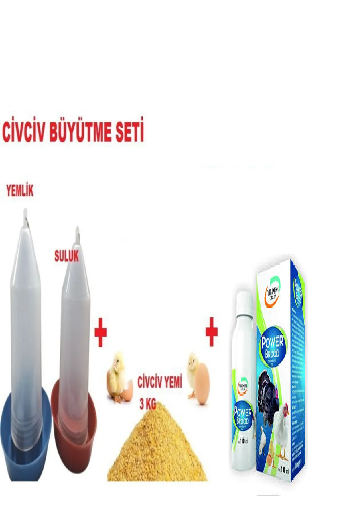 Civciv Büyütme Seti ( Civciv Yemlik+civciv Suluk+ Civciv Yemi 3 Kg + Power Brood 100 ml)