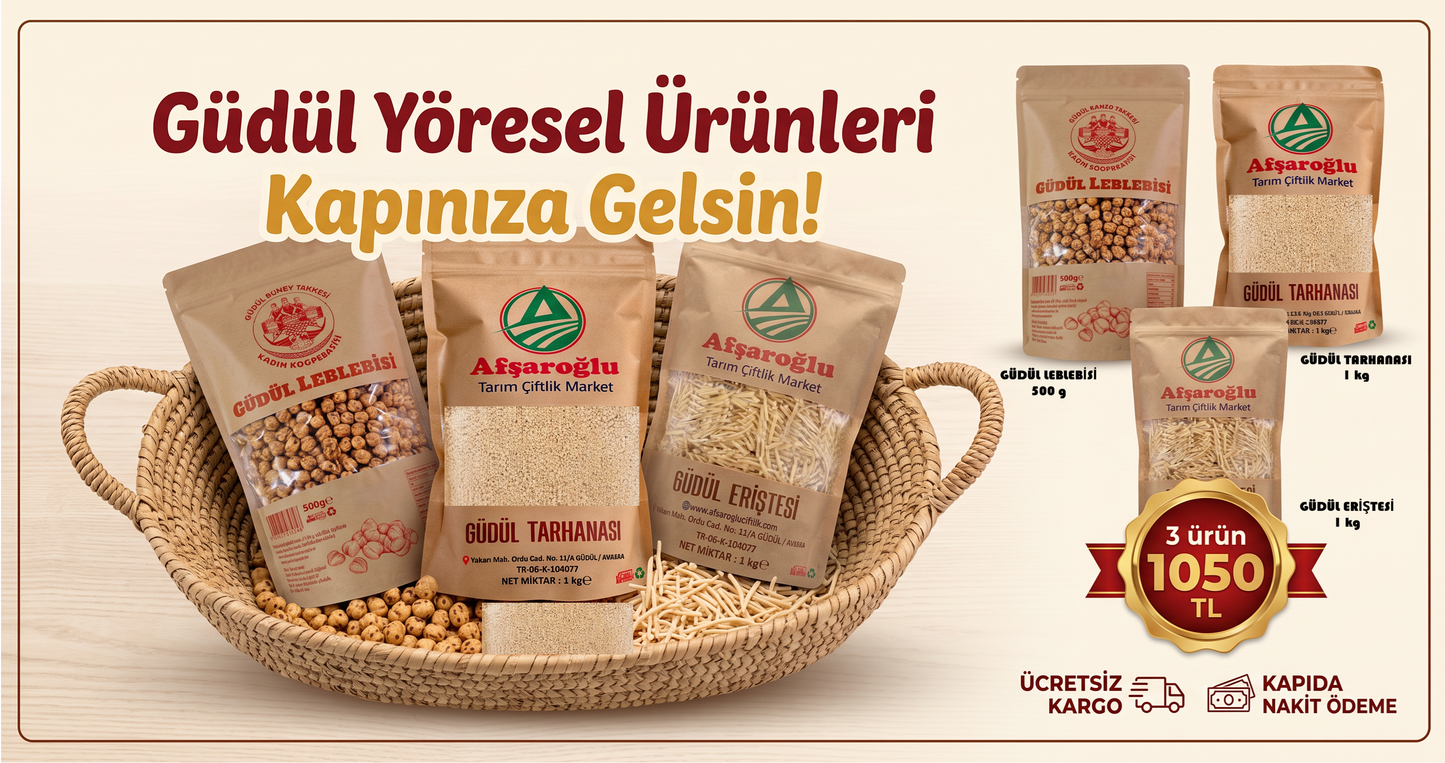 GÜDÜL YÖRESEL ÜRÜNLERİ BİR ARADA (GÜDÜL Tarhanası 1 kg  ,  GÜDÜL Eriştesi 1 kg  Ve GÜDÜL Leblebisi 500 gr)